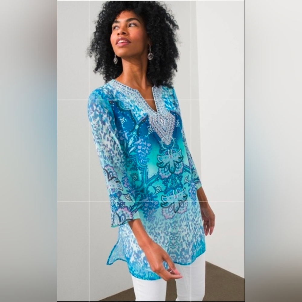 Chico's Embellished Coastal Mix Tunic, Size 0 (4/6)